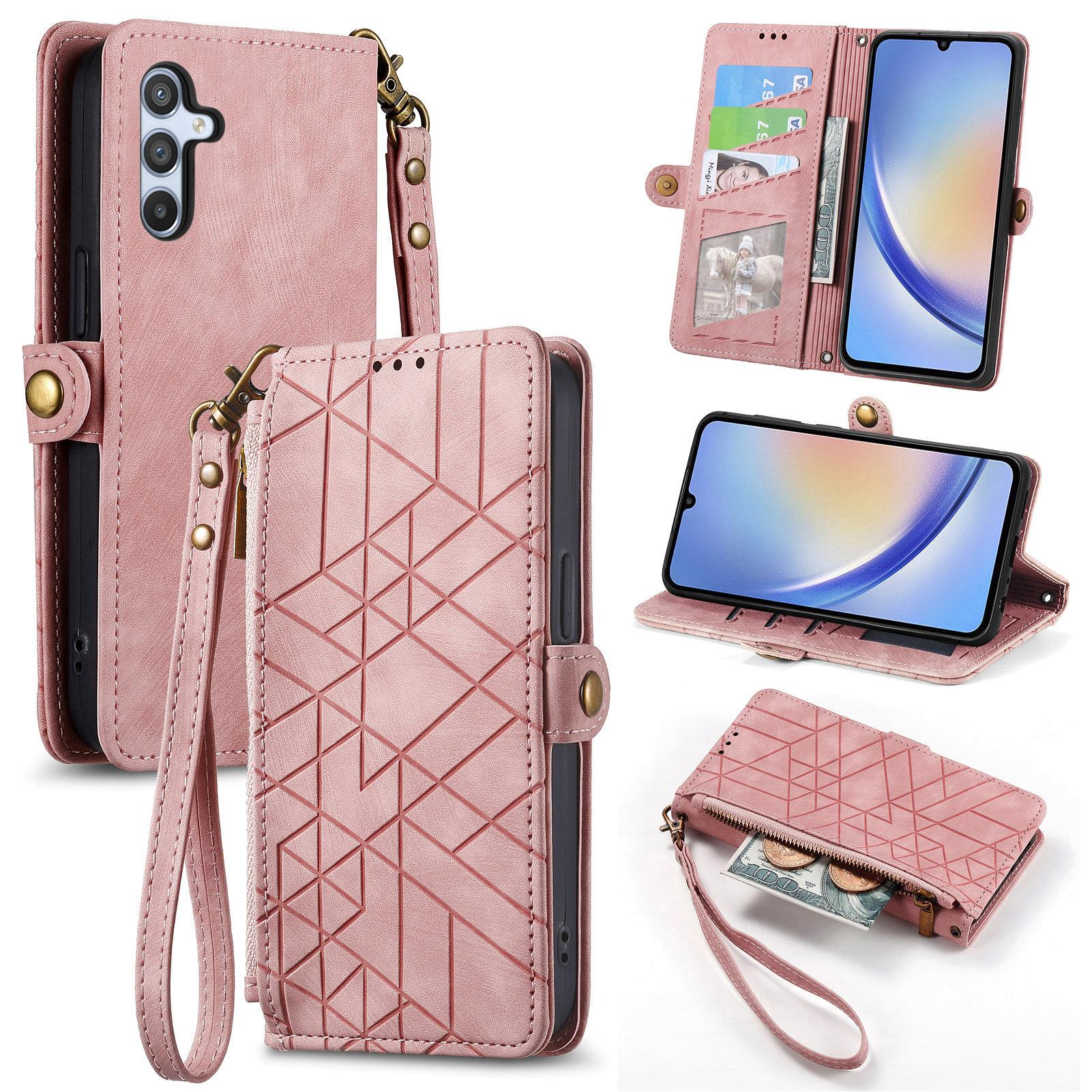 

For Samsung Galaxy A55 5G Zipper Wallet Case Geometry Lines Leather Phone Cover with Strap Pink