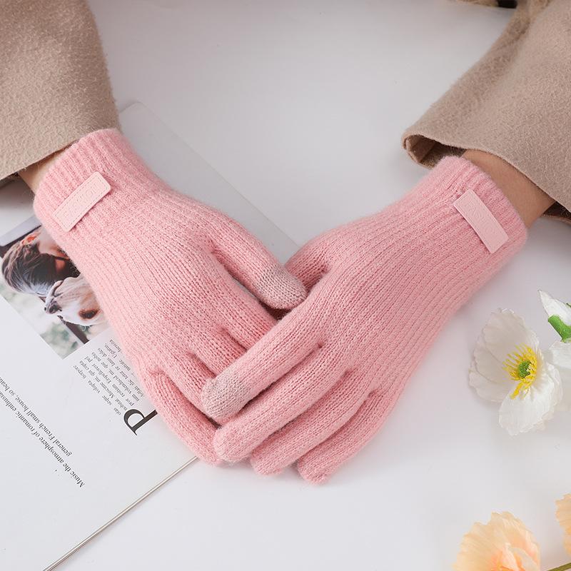 Winter Gloves Winter Girl Thickened Five-finger Student Cute Knitted Cold-proof Riding Touch Screen Warm Cycling Gloves