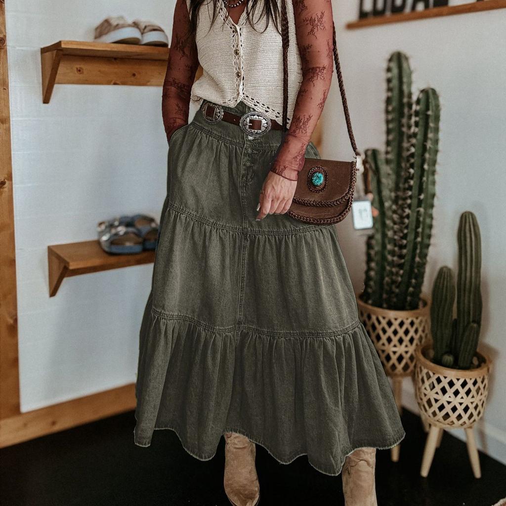 Women's Fashionable Retro Button High Waisted Long Denim Skirt