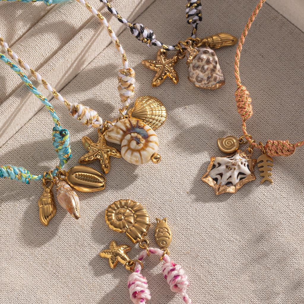 Hypoallergenic Braided String Bracelet Waterproof Gold Starfish Conch ShellPendant Adjustable Hand Woven Friendship Jewelry Gift