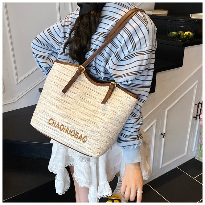 Woven Fashionable Large-capacity Splicing Shoulder Bag Summer New Leisure Bag Simple Tote Bag