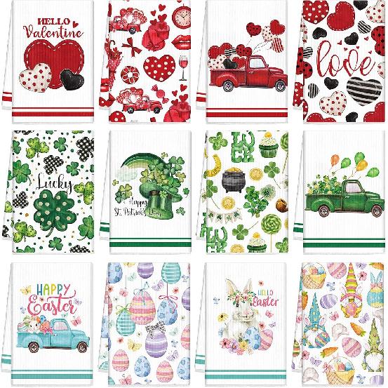 12 шт. Набор кухонных полотенец ко Дню святого Валентина, Дню святого Патрика, Пасхе Сезонный праздничный грузовик Полотенца для посуды Клевер Тряпки для рук Кролик Яйцо