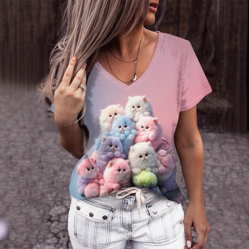 

Cute Cat 3D Digital Printed Women s Fun and Comfortable V-neck Short Sleeved T-shirt 5XL
