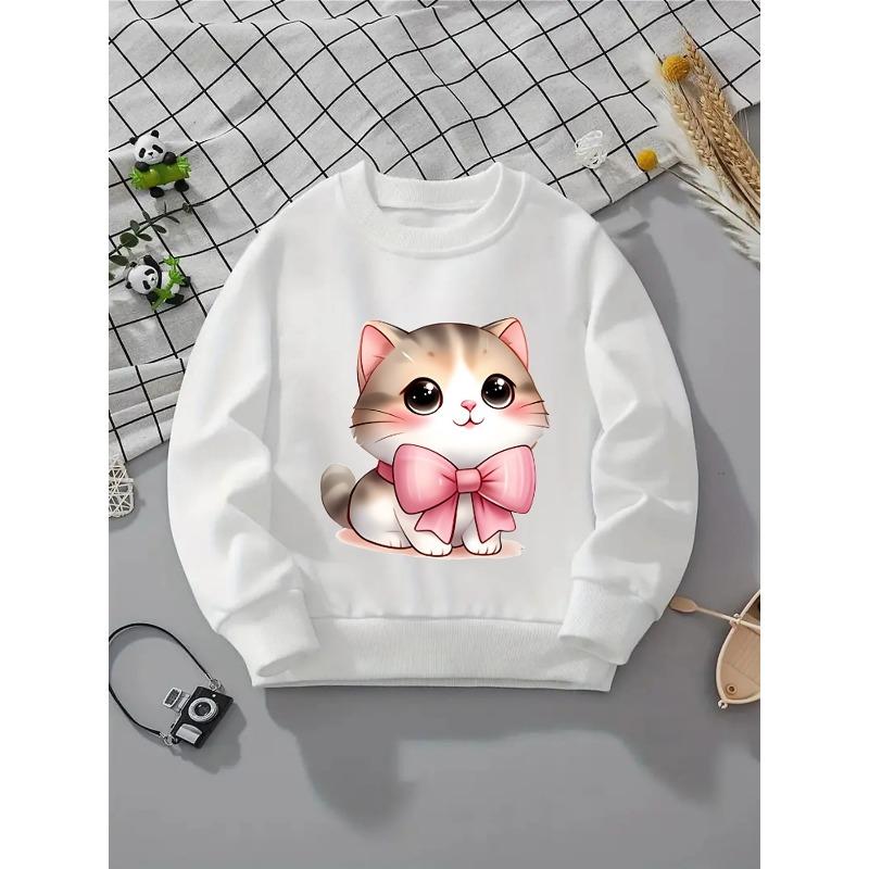 European sizes Crewneck Sweatshirt for Kids Featuring an Adorable Cat with a Pink Bow.Perfect for Sports And Casual Outings. Soft And Comfy 110 белый