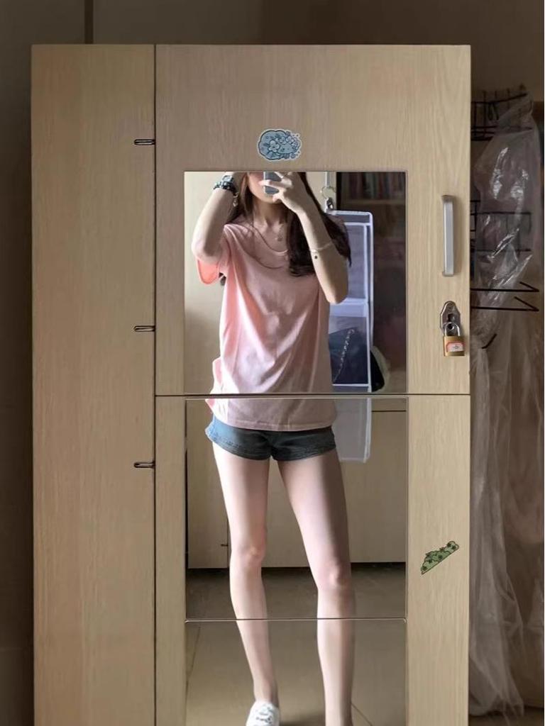 Women's Pink V-Neck Short-Sleeve T-Shirt - Summer 2026 Korean Style, Loose Fit, Slimming, Versatile Plain Color Half-Sleeve Top