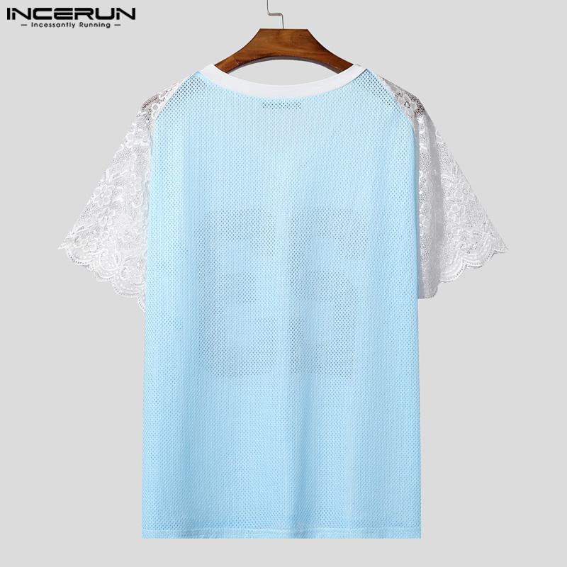 INCERUN Men Lace Short Sleeve Hollow Patchwork Print Loose T-shirts Tee
