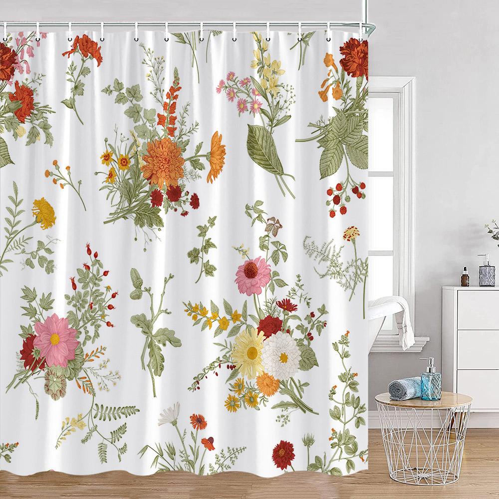 Floral Shower Curtain Colorful Flowers Birds Butterfly Botanical Green Leaves Bathroom Curtains Modern Bathtub Decor with Hooks
