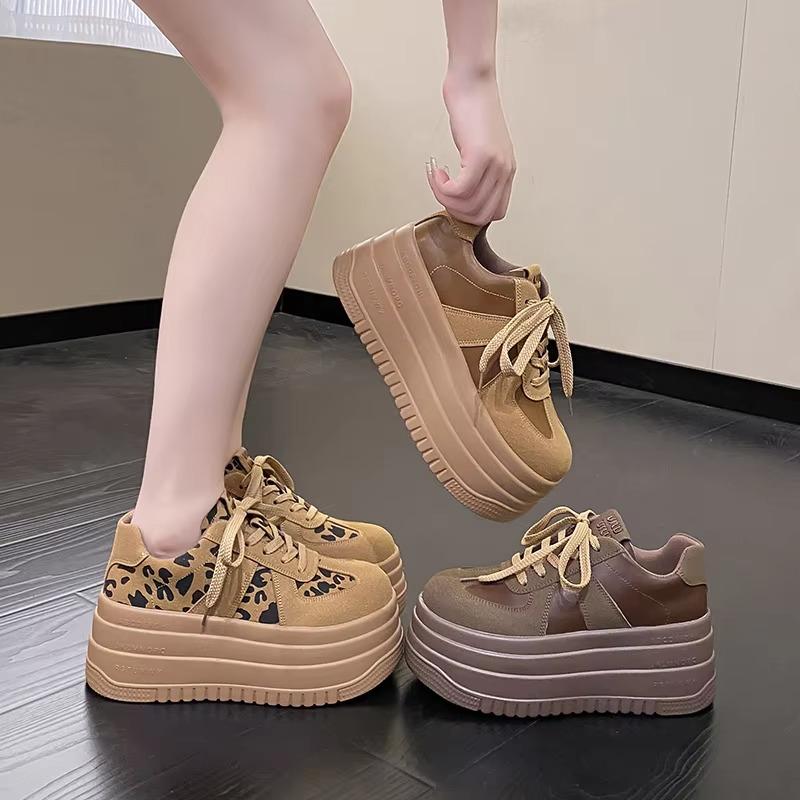 Women Leather Sneakers Autumn Spring Brown Casual Walking Shoes Chunky Sneakers High Platform Sport Skateboard Shoes Woman 7.5CM