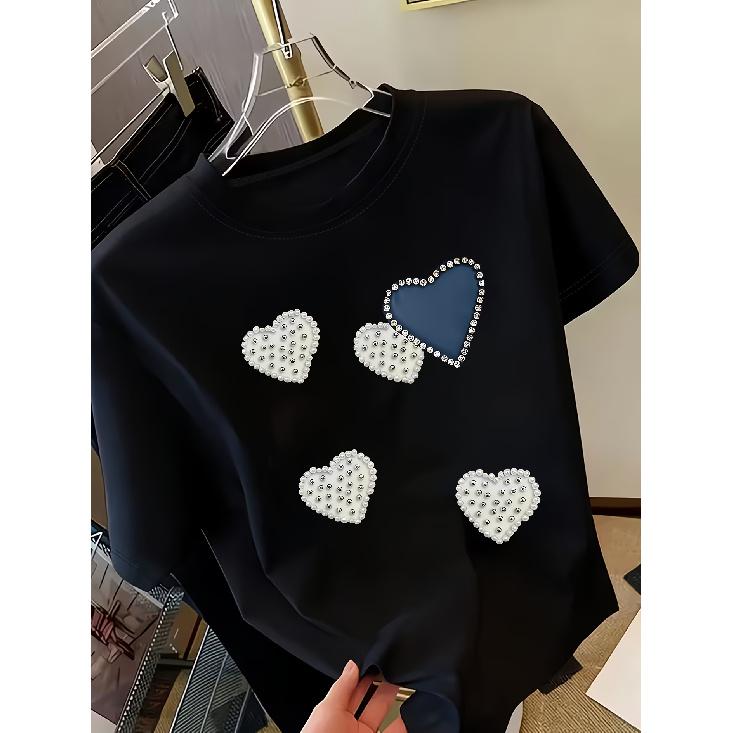 Pearl Heart Print Round Neck Women's Short Sleeve Top T Shirt Spring and Summer Luxury-style Women's Tops