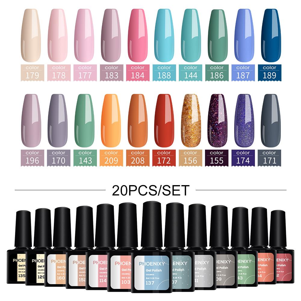 

PHOENIXY 8 мл 10/12/18/20 шт. маникюрный перманентный блестящий гель-лак для ногтей долговечный верхний базовый гель Soak Off гель УФ-светодиодный лак модный блестящий дизайн ногтей 20pcs