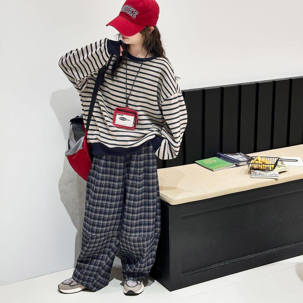 Girls' Plaid Fleece Sweatshirt & Wide-Leg Pants Set - Autumn/Winter Fashion