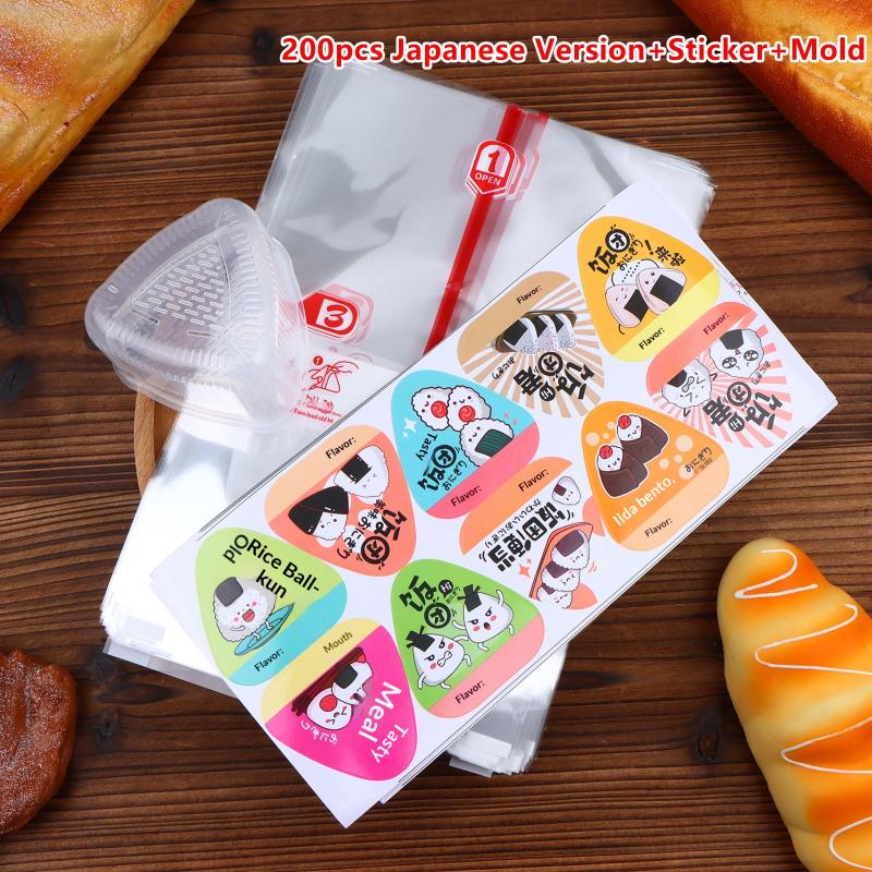 Bolsa de Embalaje Triangular para Bolas de Arroz de 200 Piezas con Pegatinas Molde Alga Marina Nori Onigiri Sushi Bolsas de Regalo de Plástico Accesorios Bento