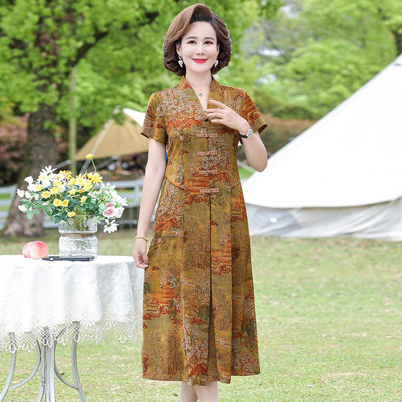 Elegant Vintage Chinese Style Silk Dress for Mature Women