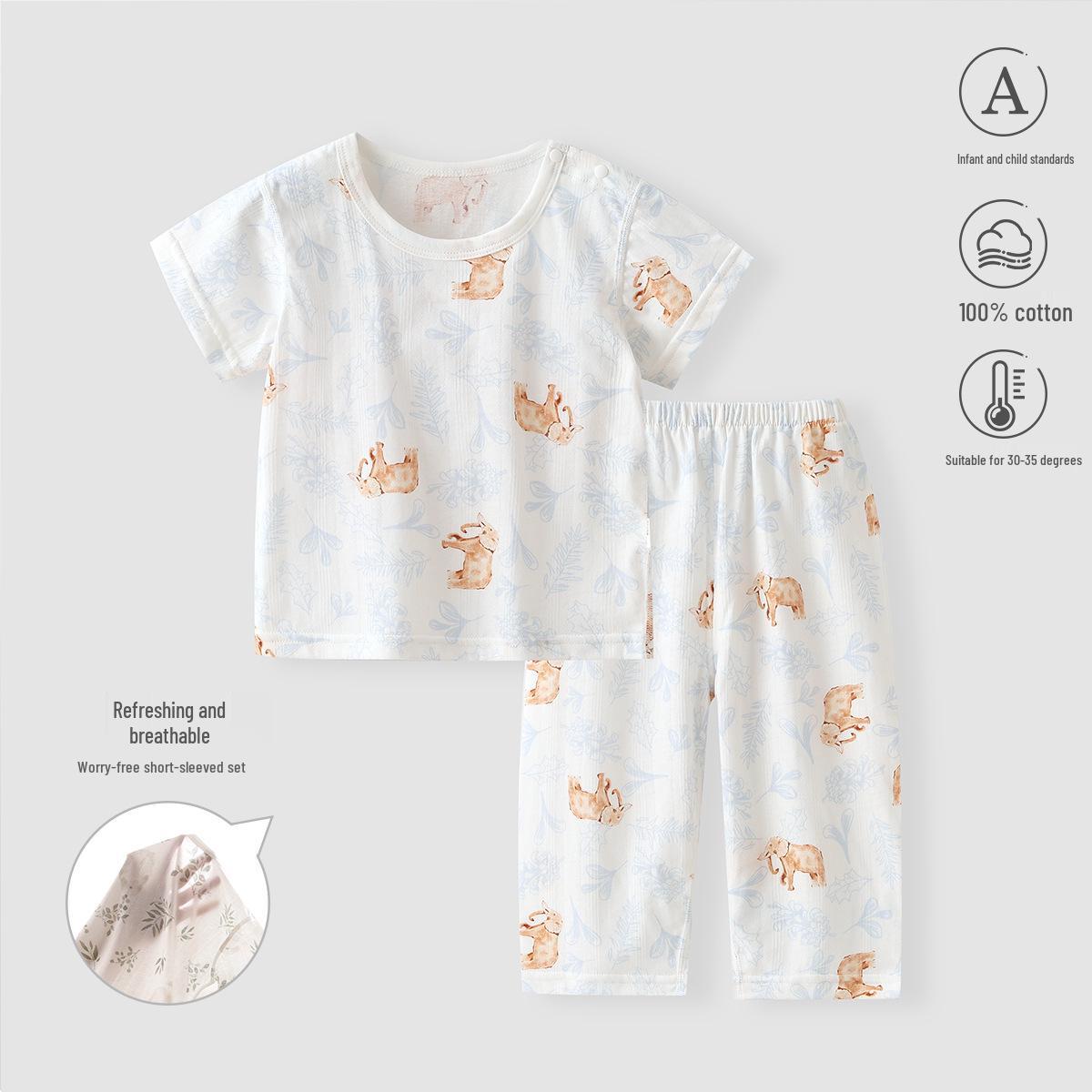 

Летний хлопковый пижамный комплект: Короткий рукав, длинные брюки, легкий класс А для кондиционирования 80 cm