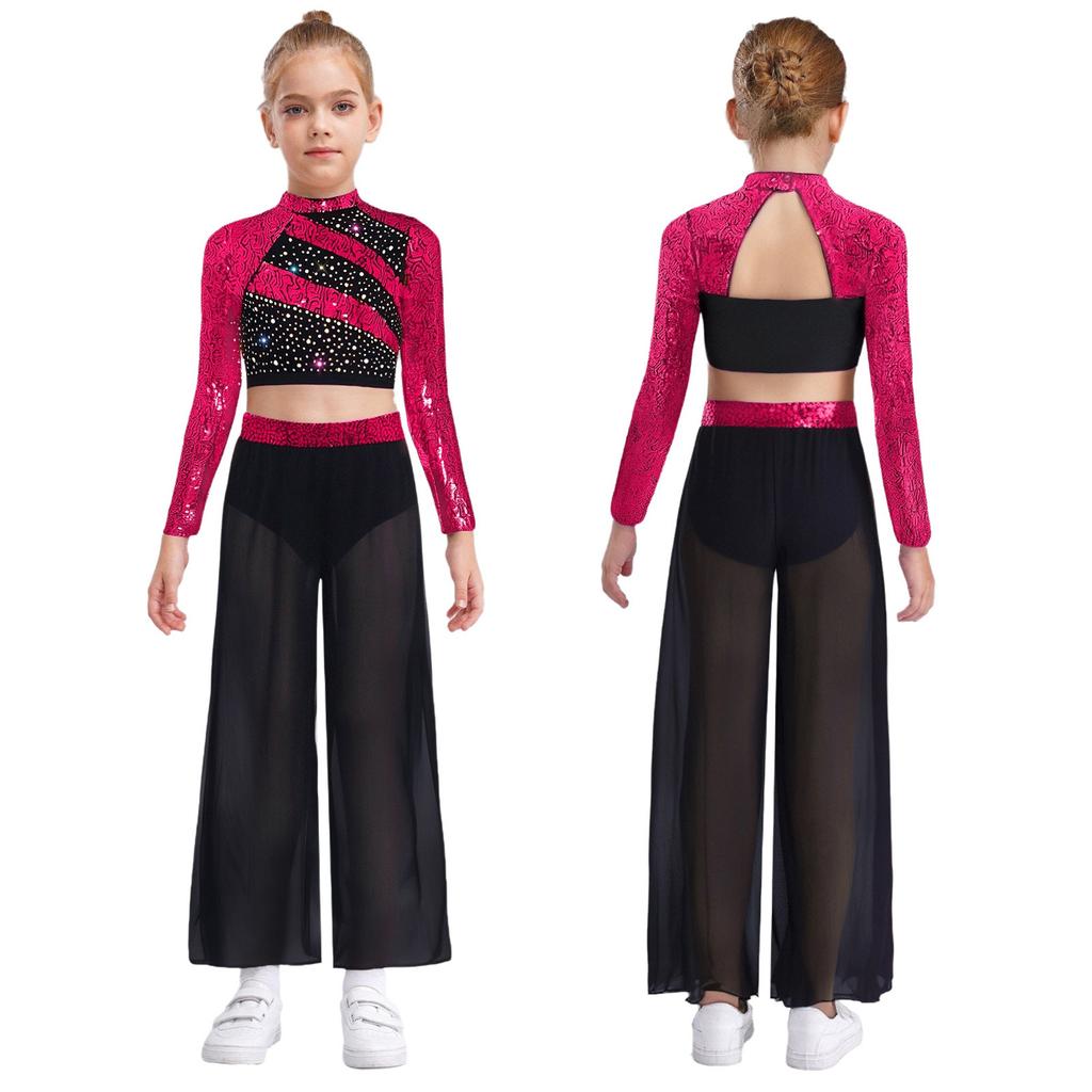 Kids Girls Dance Costume Two-Piece Set Mock Neck Long-Sleeved Sequins Cutout Back Press Button Crop Top with Flowing Chiffon Overlay Wide-Leg Side Sli