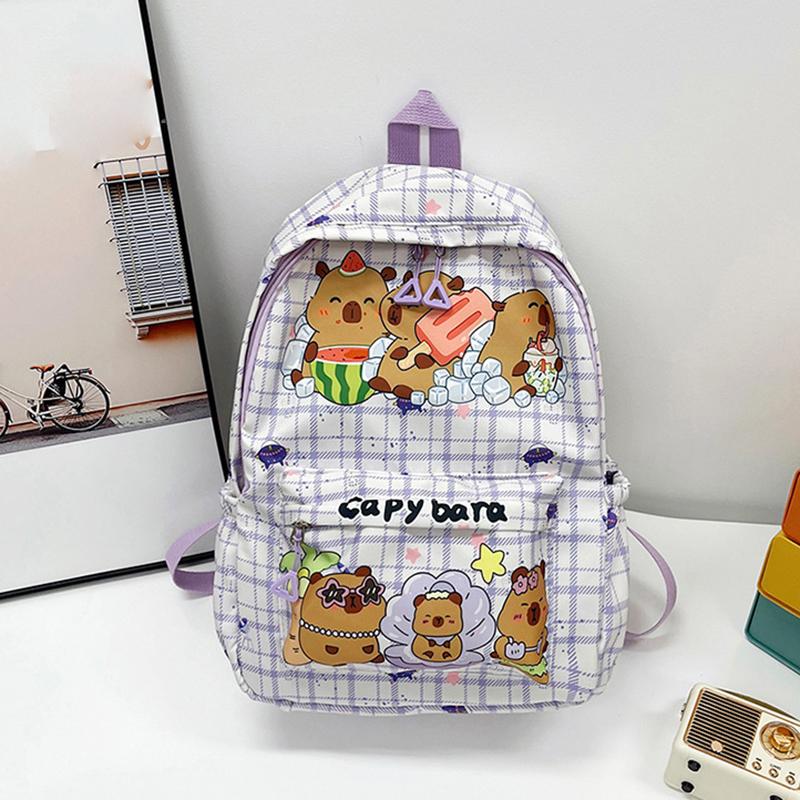 

Модный трендовый рюкзак большой вместимости с мультяшным милым принтом Capibala для учеников младших классов средней школы с защитой от сдавливания и гребнями для отдыха фиолетовый
