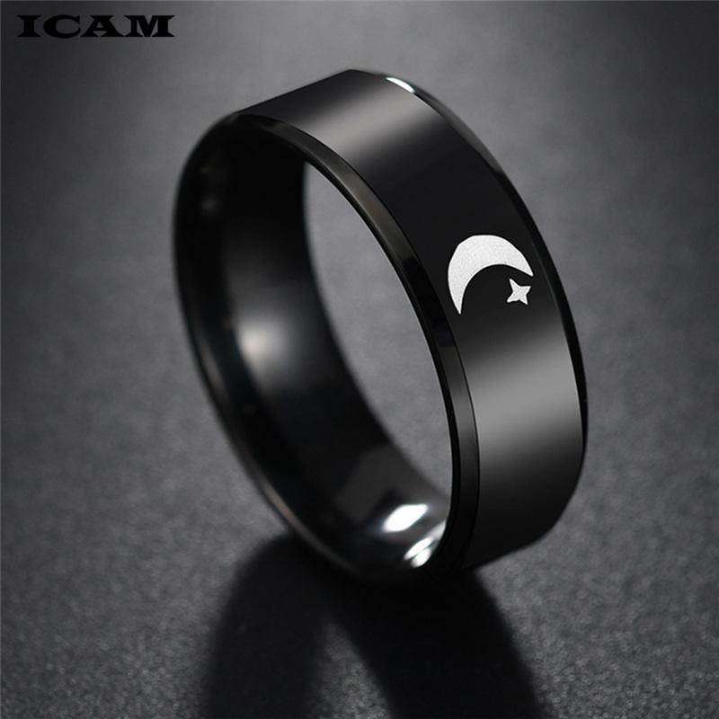 

ICAM Кольцо из черной титановой нержавеющей стали Луна Звезда Ислам Религиозные Кольца для пар Украшения для влюбленных 6
