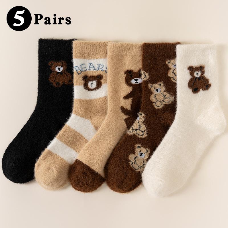Women's Socks, Cartoon Cute Little Bear Mid-Calf Socks, Thickened for Autumn and Winter, Warm Wool Slouch Socks, New Style Socks