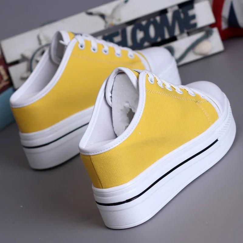 Fashion Spring Summer Women Slipper Pumps Canvas Shoes Internal-increase 8cm High Heels Solid Casual Student Outside Female Slippers