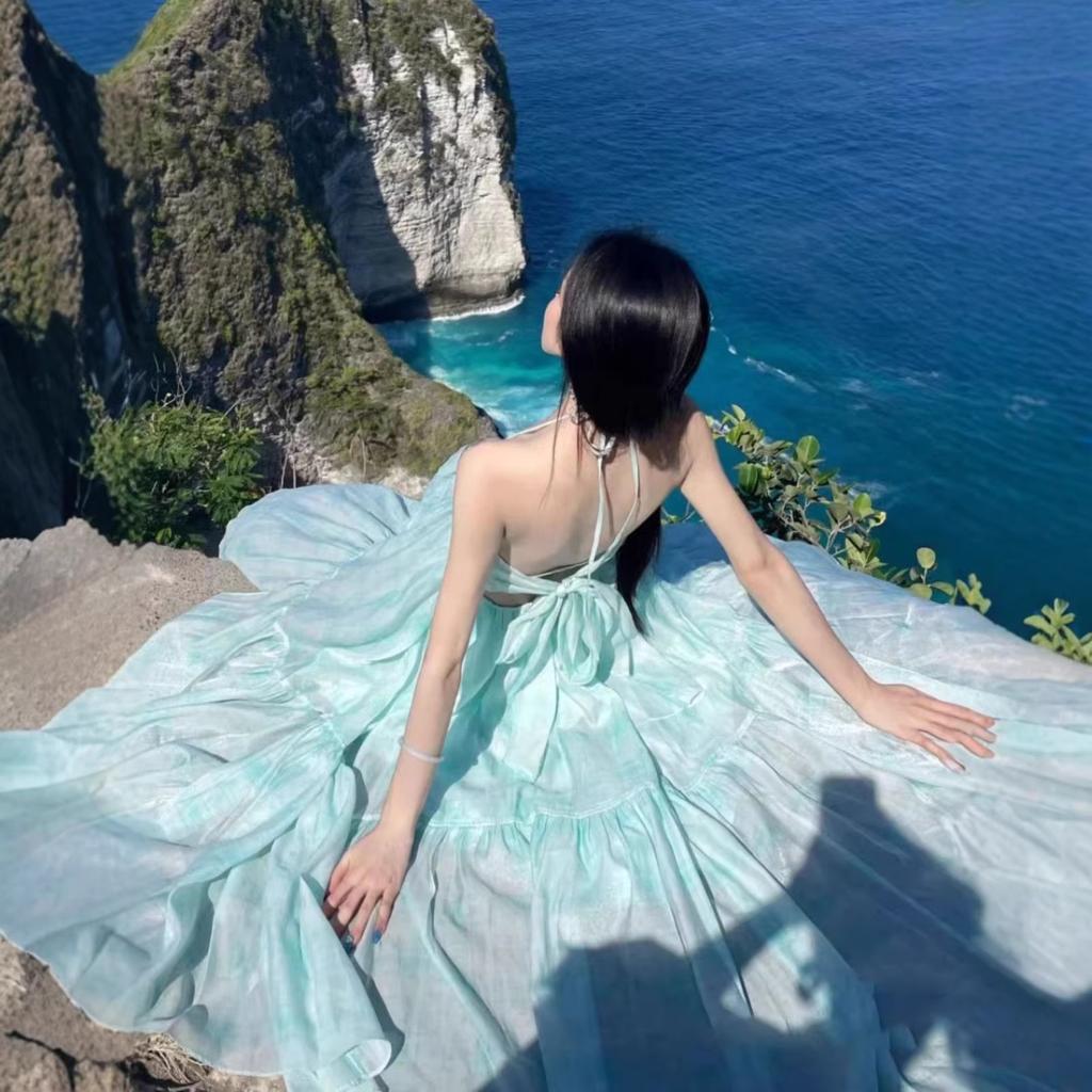 Mint Mambo Seaside Resort Atmosphere Beach Dress Design Sense Neck Dress Fairy Temperament Swing Skirt