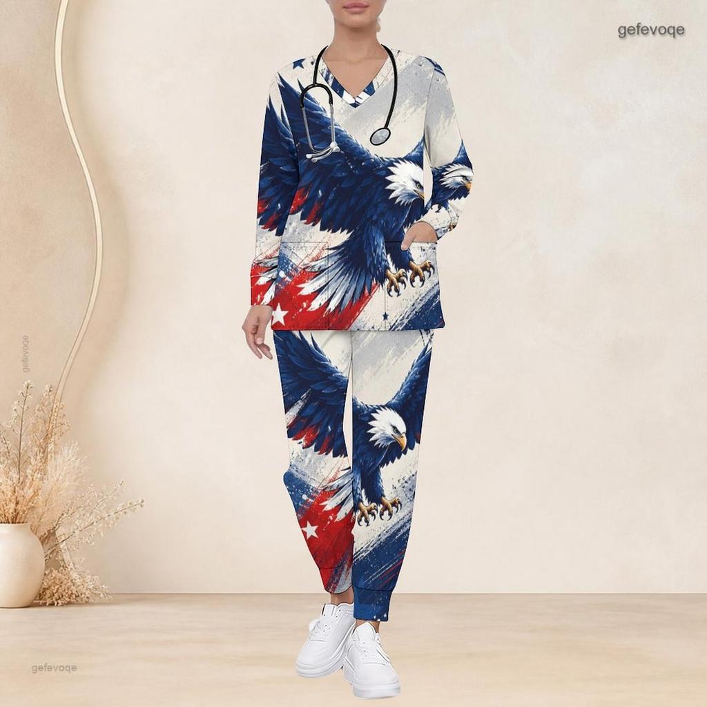 Women Plus Size V Neck Long Sleeve Scrub Set Patriotic Galaxy Star Planet Swirl Print Nurse Uniform Set