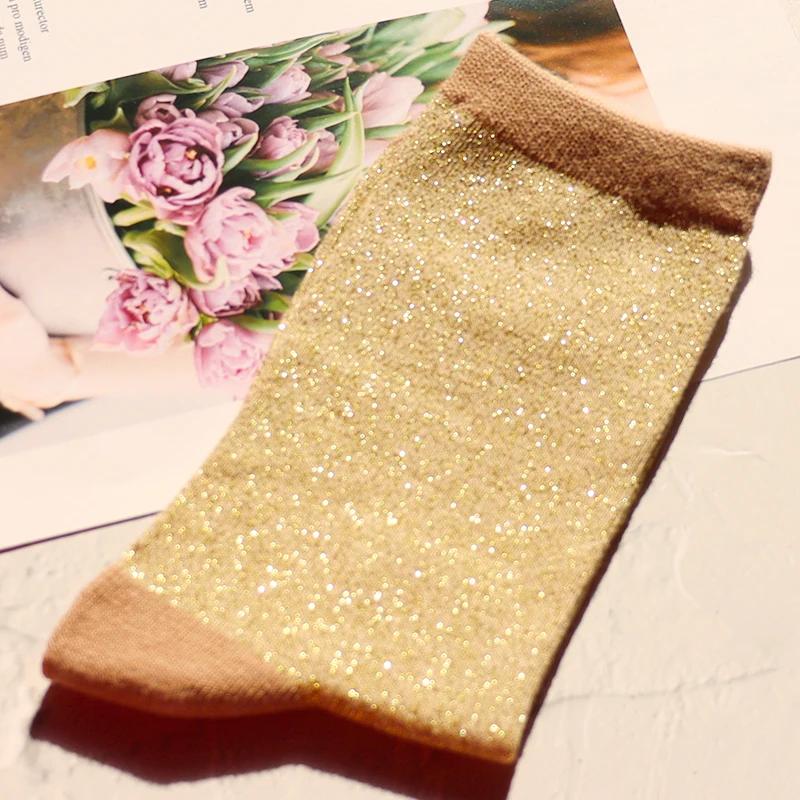 Fashion women's shiny solid color high quality combed cotton socks gold and silver thread soft and comfortable woman socks