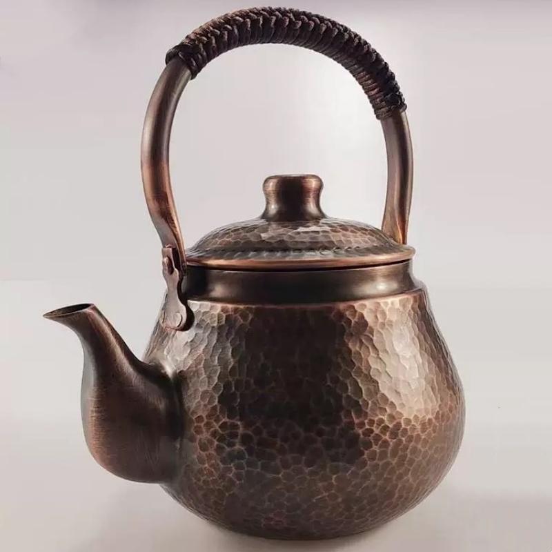 Vintage kávovar z čisté mědi, Ručně kovaný s texturou tkaniny, Přenosný, 1200 ml, Zesílený, Tepelně odolný, Konvice s filtrem, Ručně vyrobená čajová konvice