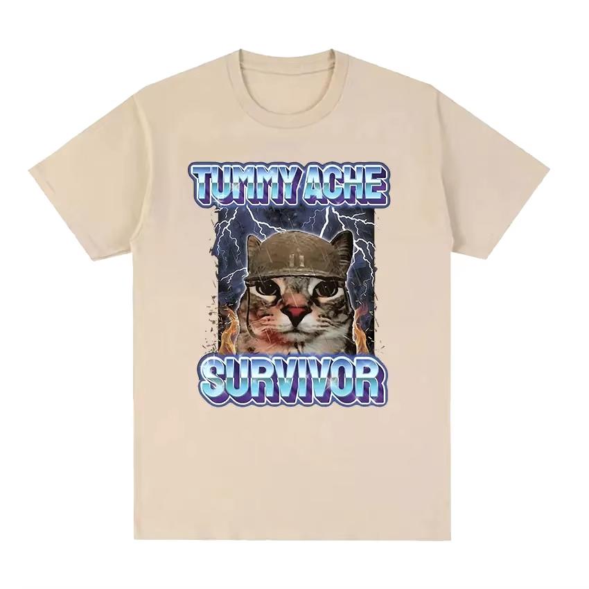 Vintage Tummy Ache Survivor Funny Cat Meme Printed Tee Shirt Women Clothing Fashion Short Sleeve Harajuku Oversized T Shirt