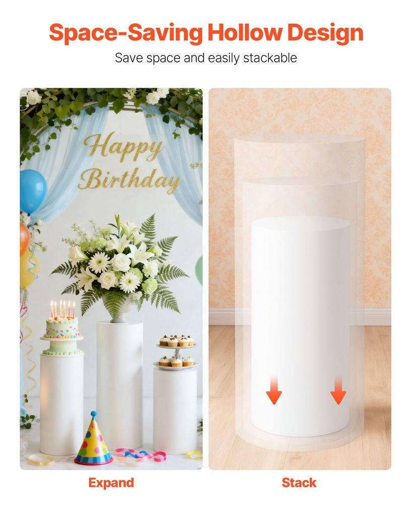 Stojak na kwiaty ślubne, 3 szt. 60/75/90 cm, okrągły cylinder, biały postument ze pokrywą PVC, cylindryczne stojaki pedestalowe na ślub, imprezę,
