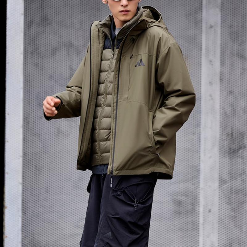 Adidas Logo Pattern Windproof Waterproof Hooded Down Jacket Unisex Jacket Olive-Green JM9136