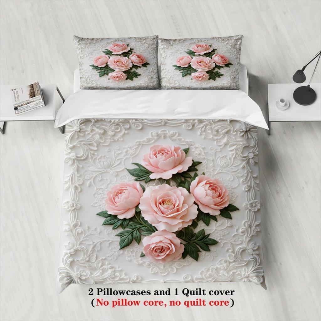 Rose Embroidered Bedding Set White Floral Pattern Bedding With Duvet Cover Pillowcases Wrinkle-Free Fade-Resistant For Bedroom