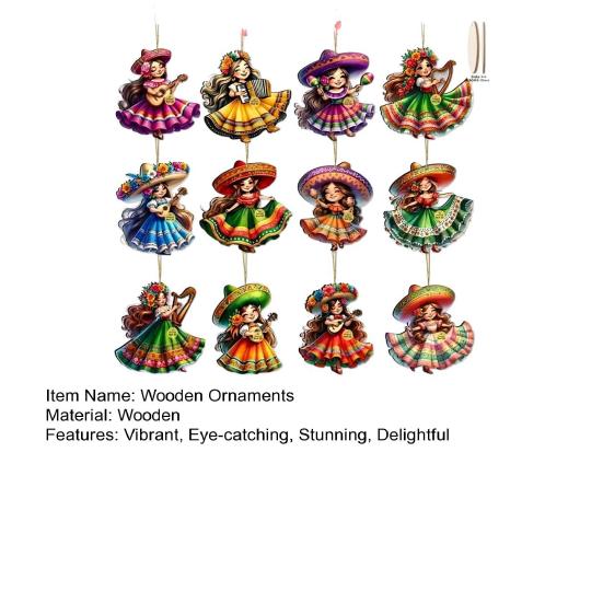 Yousheng 12 Pcs Mexican Dancing Girls Ornament Cinco De Mayo Hanging Decoration Wooden Fiesta Mexico Ornament for Carnivals Party Favors Home Tree