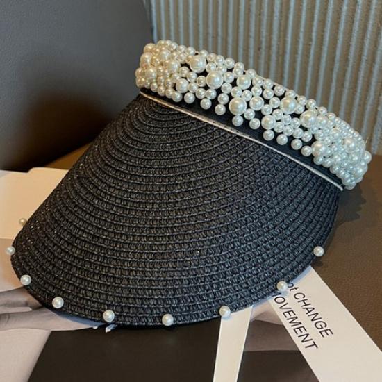 Women Beach Sun Hat Straw Visor Cap Beaded Pearl Casual Vacation Summer Sun Hat