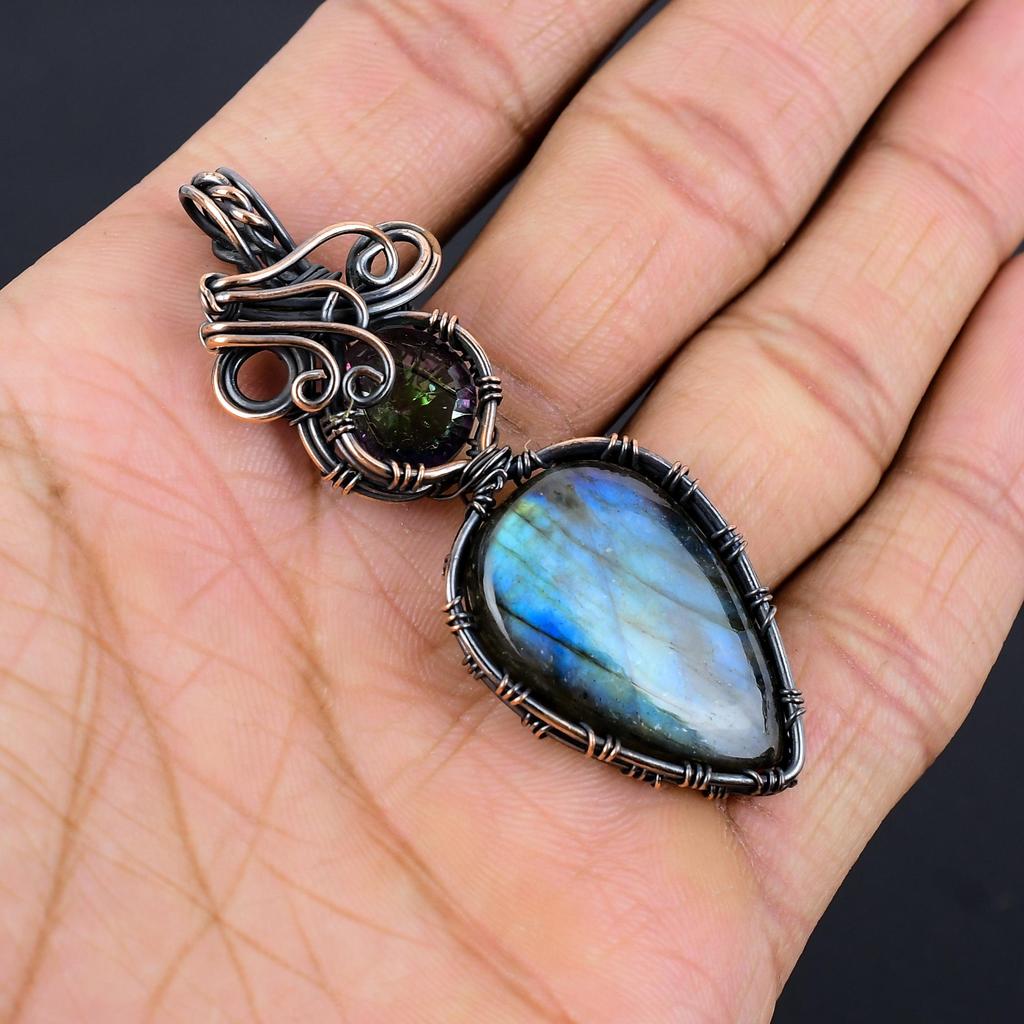 Labradorite & Mystic Topaz Pendant, Handmade Gemstone 999 Copper Wire Wrapped Pendant Antique Jewelry, For Gift Silver Jewelry