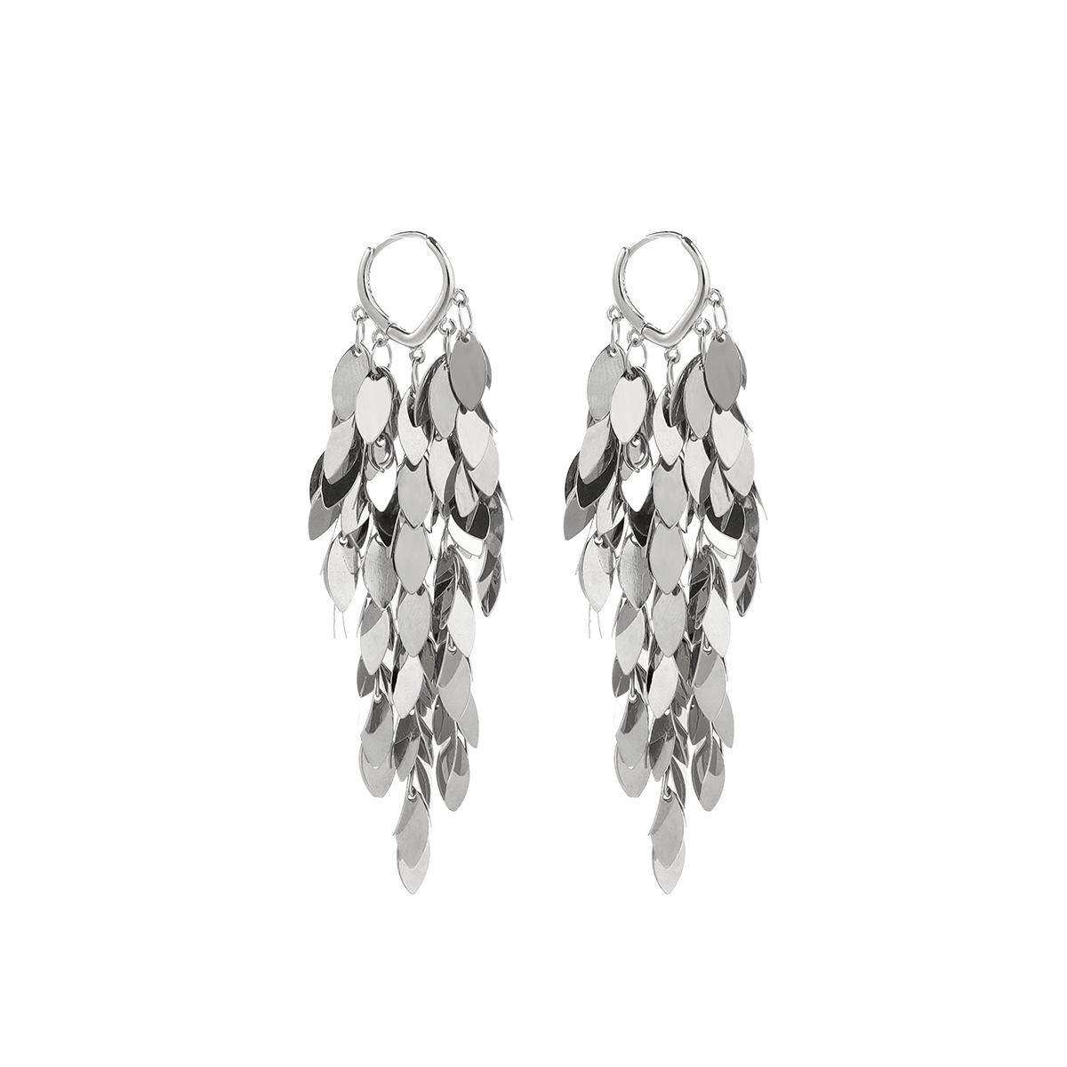 

Niche leaf retro earrings, European and American fashion temperament exaggerated fringed sequined earrings срібний