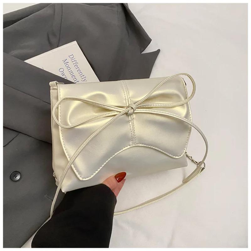 Fashi Bow Pleated Design Shoulder Bags for Women Versatile Ladies Square Crossbody Bag Solid Color Sweet Girls Pu Handbags