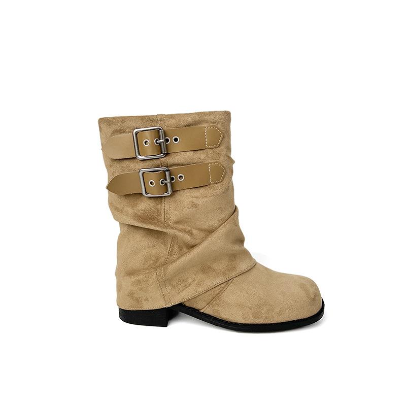 2025 New Pleated Stacking Boots Thick Heel Belt Buckle Loose Large Tube Circumference Women's Boots Summer Popular Super Fire Trouser Tube Boots
