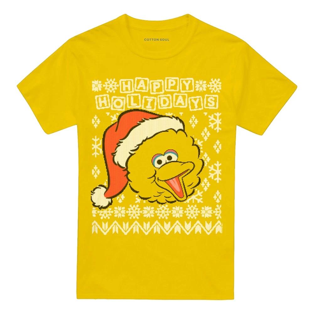 Sesame Street Big Bird Ugly Christmas 100% Cotton T-shirt Mens Tees Top S-3XL, Yellow M