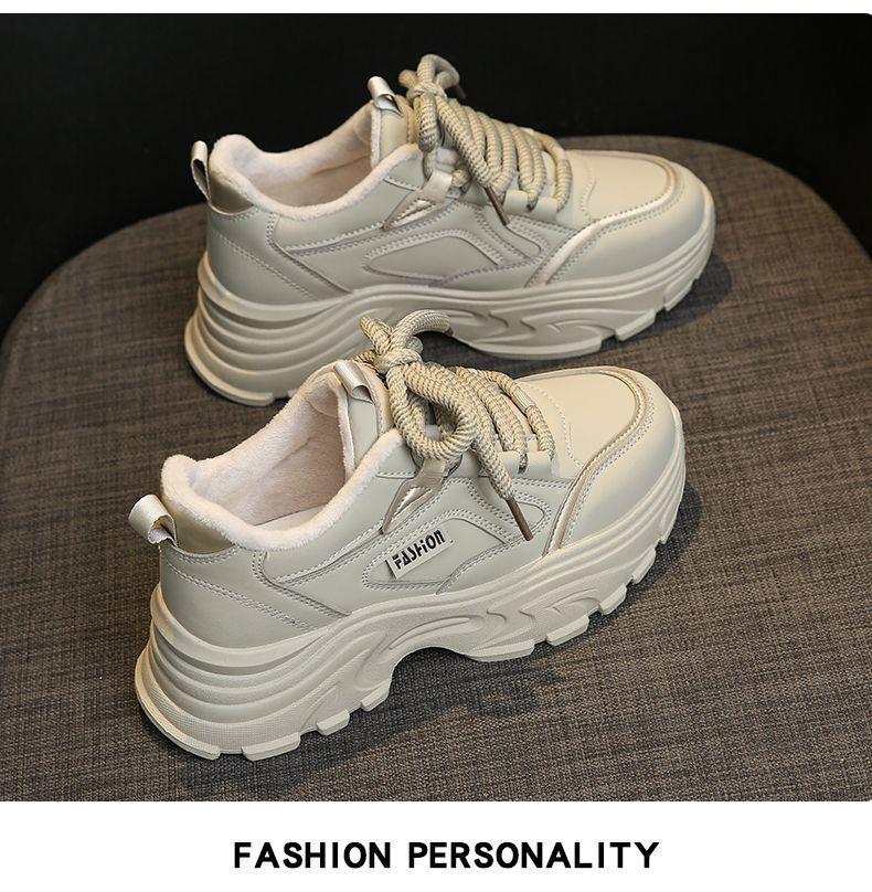 Fleece-Lined Leather Women's Sneakers: Trendy, Lightweight, Height-Boosting Casual Winter Shoes