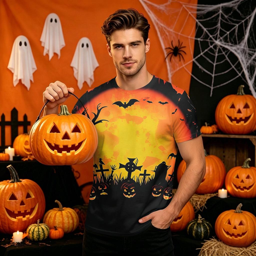 Men's Halloween Printed Neck Short Sleeve T-Shirt Fashion Top