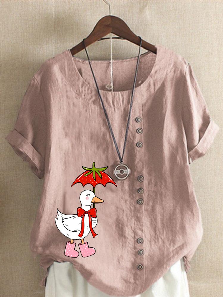 Women s Fashion Cute Duck Print Round Neck Short Sleeve T-shirt Summer Casual Cotton Linen Graphic Shirt Leisure Loose Blouse Tops S