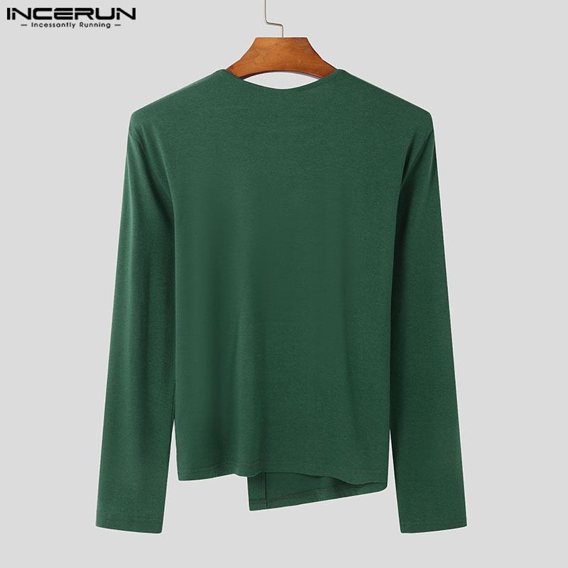 INCERUN Summer Men's Round Neck Long Sleeve Buttons Design Irregular T-shirts Tops