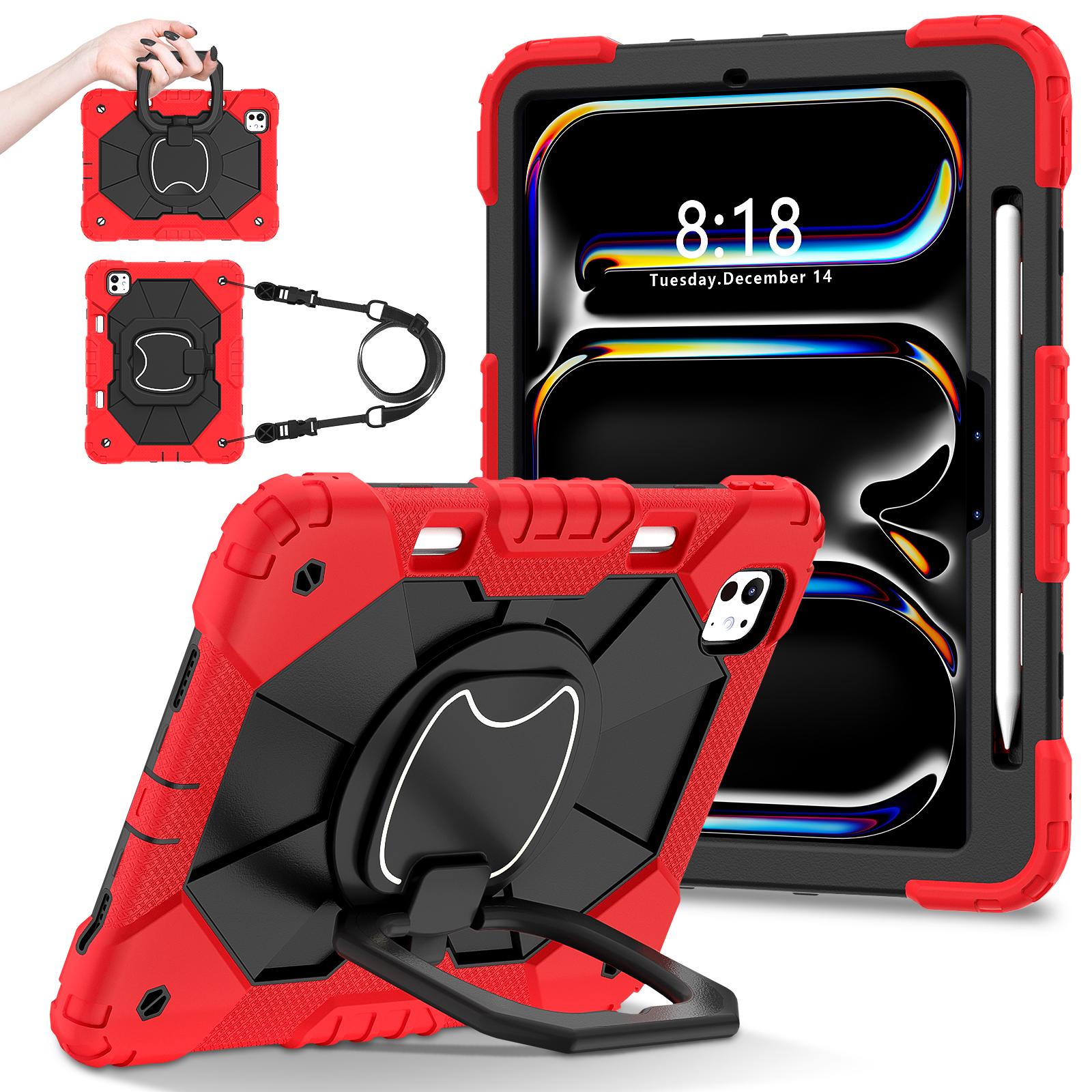 

For iPad Pro 11 (2024) Kickstand Case Silicone+PC Tablet Cover with Shoulder Strap Red/Black
