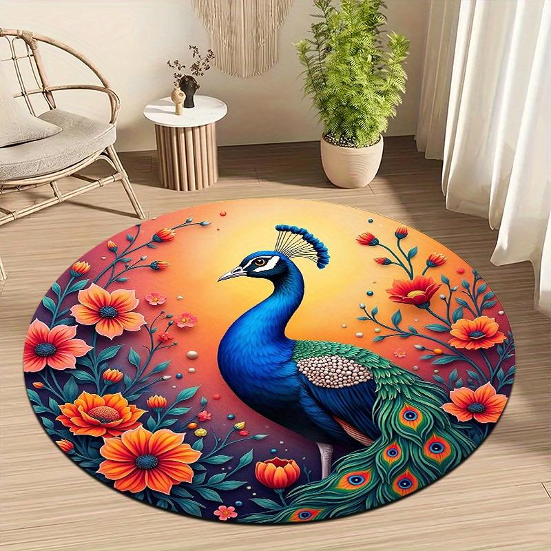 Peacock Flower Style Flannel-printed Round Floor Mats Are Slip-resistant Suitable for Living Room Bedroom Terrace Garden Carpets