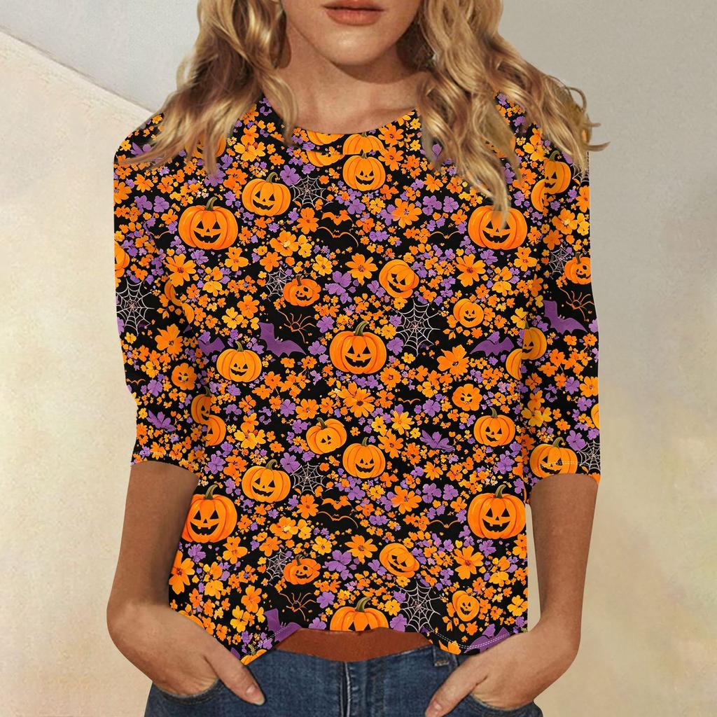 Women Casual 3/4 Sleeve Halloween Print Crew Neck Top Lightweight Soft Fabric Comfortable Fit Stretchy Material