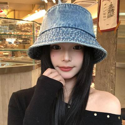Women's Japanese Style Denim Bucket Hat - Korean Version, Large Brim, Face Slimming, Spring/Summer Fashion.