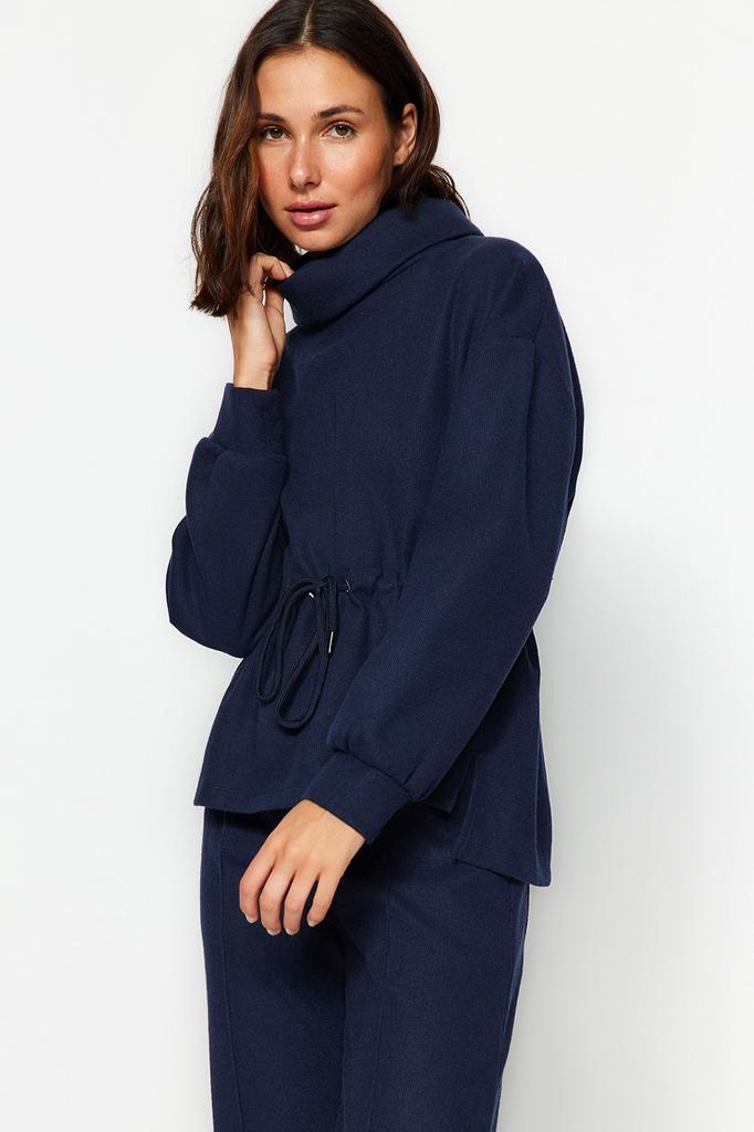 Women's Fashionable Stylish Sweatshirt Navy Blue Thessaloniki Knitwear Look High Collar Gathered Regular Fit Knitted Sweatshirt