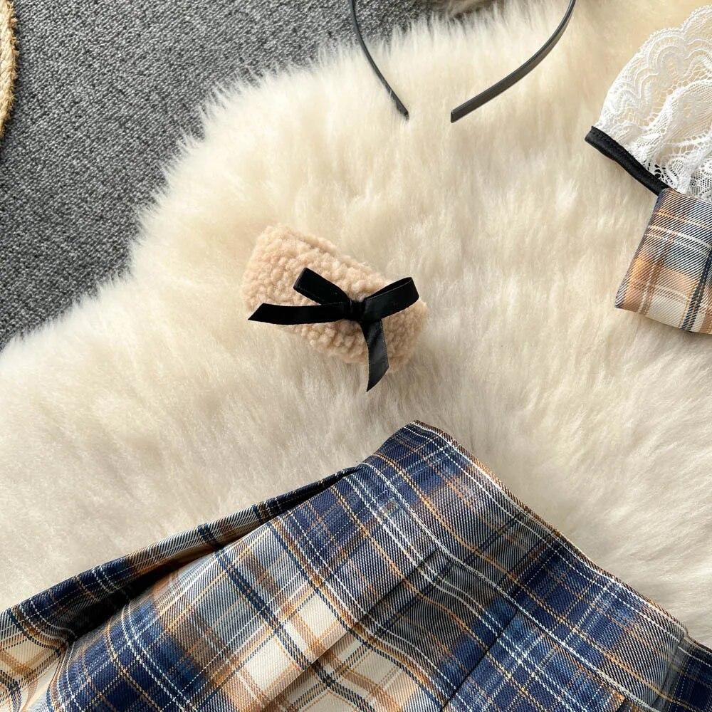 Sexy Plaid Japan Style Erotic Sets Women Pleated Short Skirt + Bow Strapless Lace Camis Female Sweet JK Uniform Lingerie Suits 2024