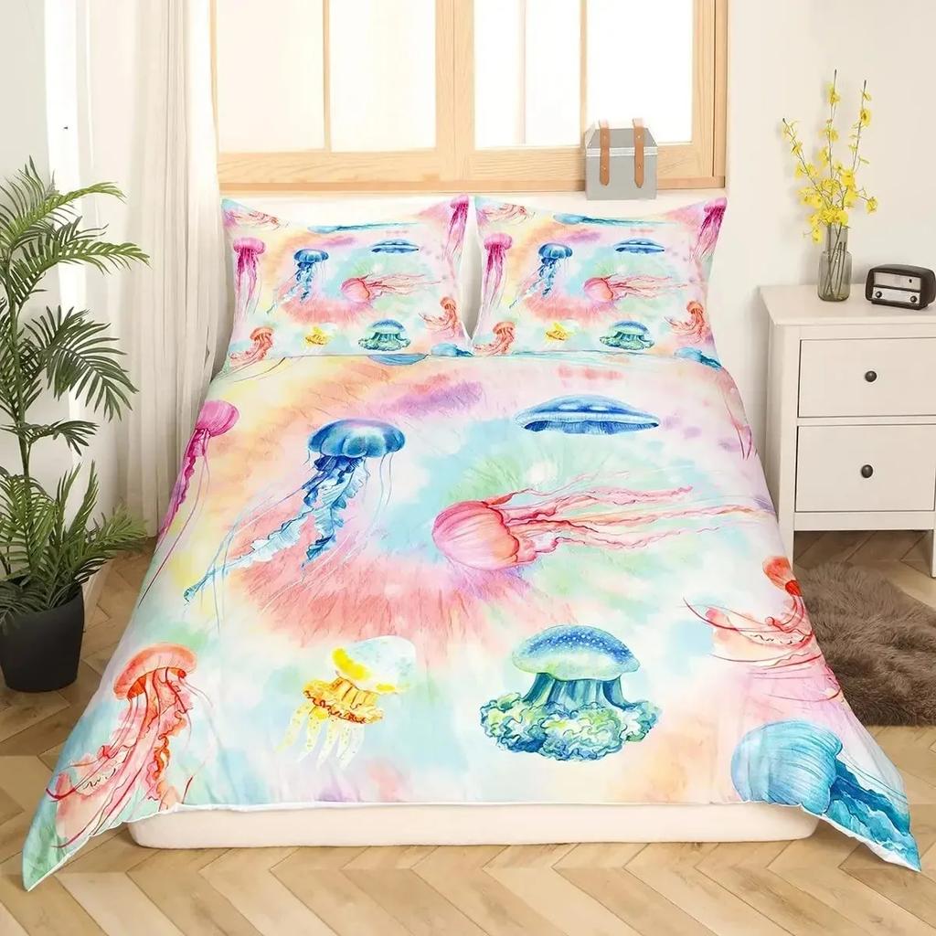 Teal Warm Comforter Cover Set King-Sized Dimensionsd Dimensions Ocean Decor,Jelyfish Soft Duvet Cover Nautical Sea Beding Set Marine Life Retro