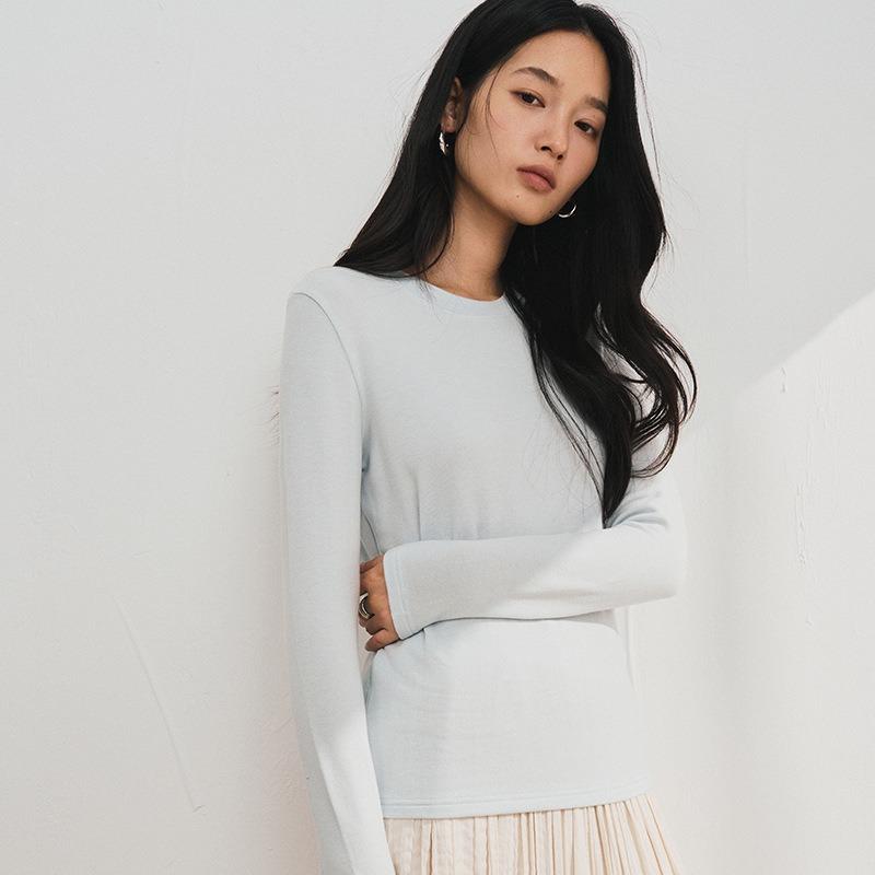 Tencel Woll-Unterhemd Damen Herbst und Winter neu Rundhals-Oberteil schlicht einfarbig warm lange Ärmel